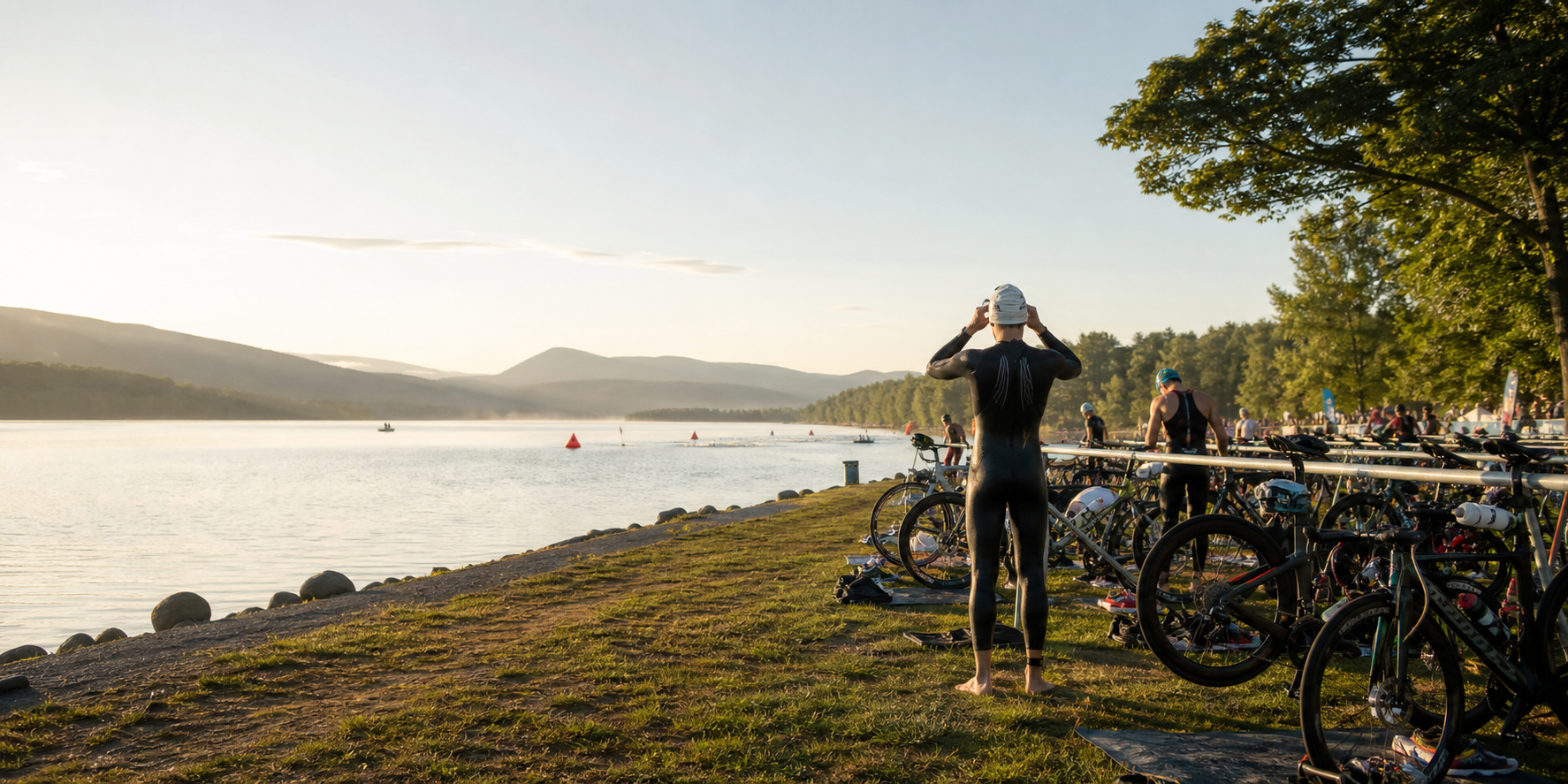 Triathletes preparing bikes beside a lake before a race